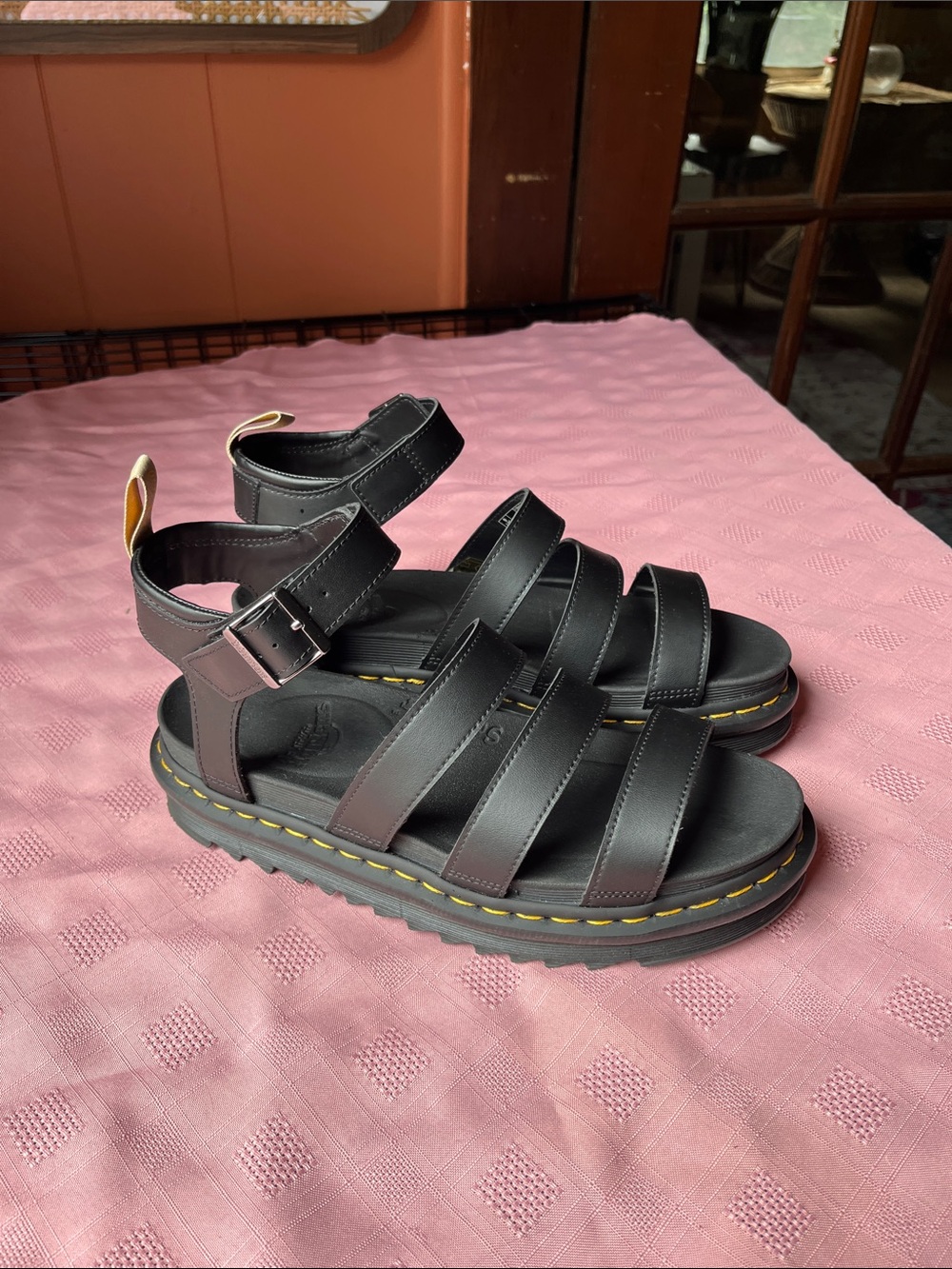 Dr. Martens Black Leather Strappy Platform Sandals with Yellow Stitching